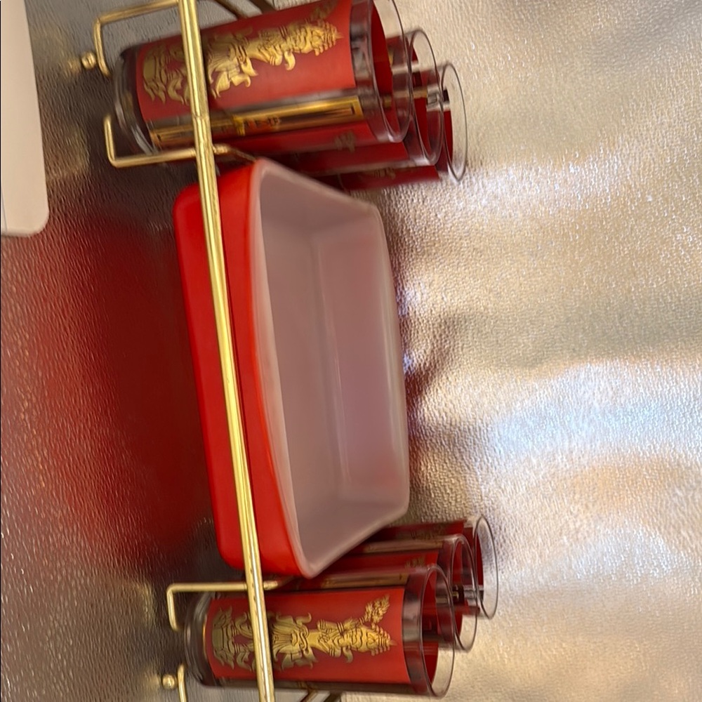 Vintage Culver red and 22 k gold Siam Thai Goddess with carrier and casserole